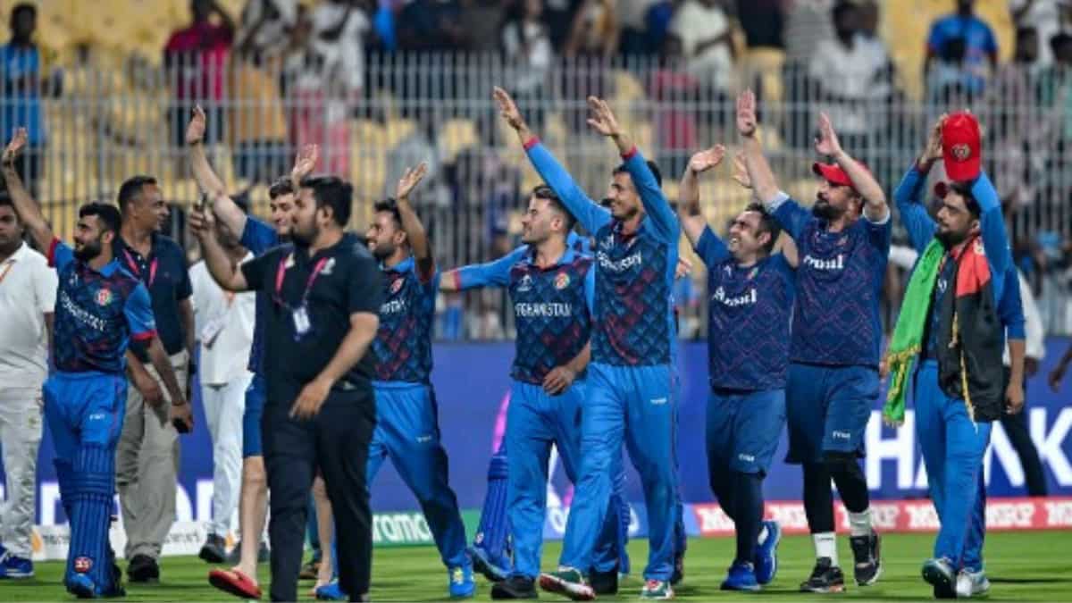 Afghanistan cricket team greets spectators at Chennai's MA Chidambaram Stadium on Oct 23, 2023