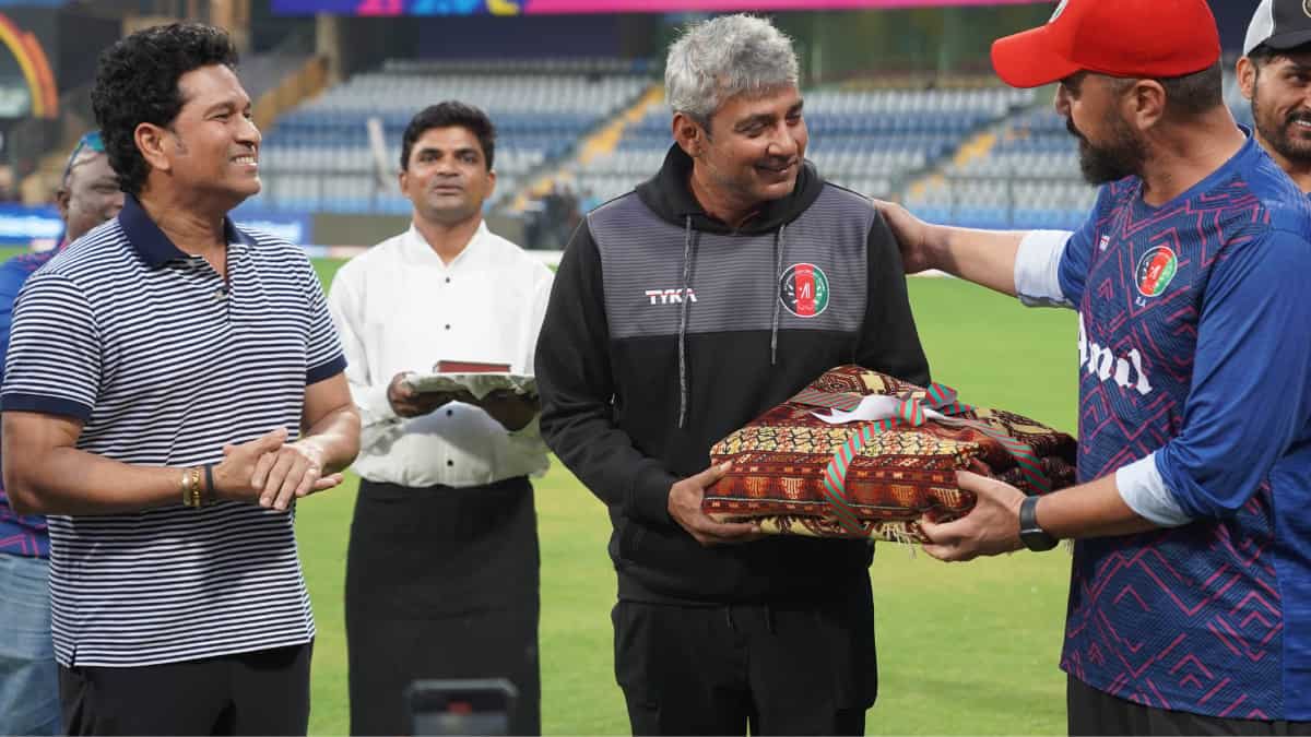 Ajay Jadeja being given handcrafted Afghan Carpet and Authentic Afghan Saffron by Afghanistan | X/@ACBOfficials